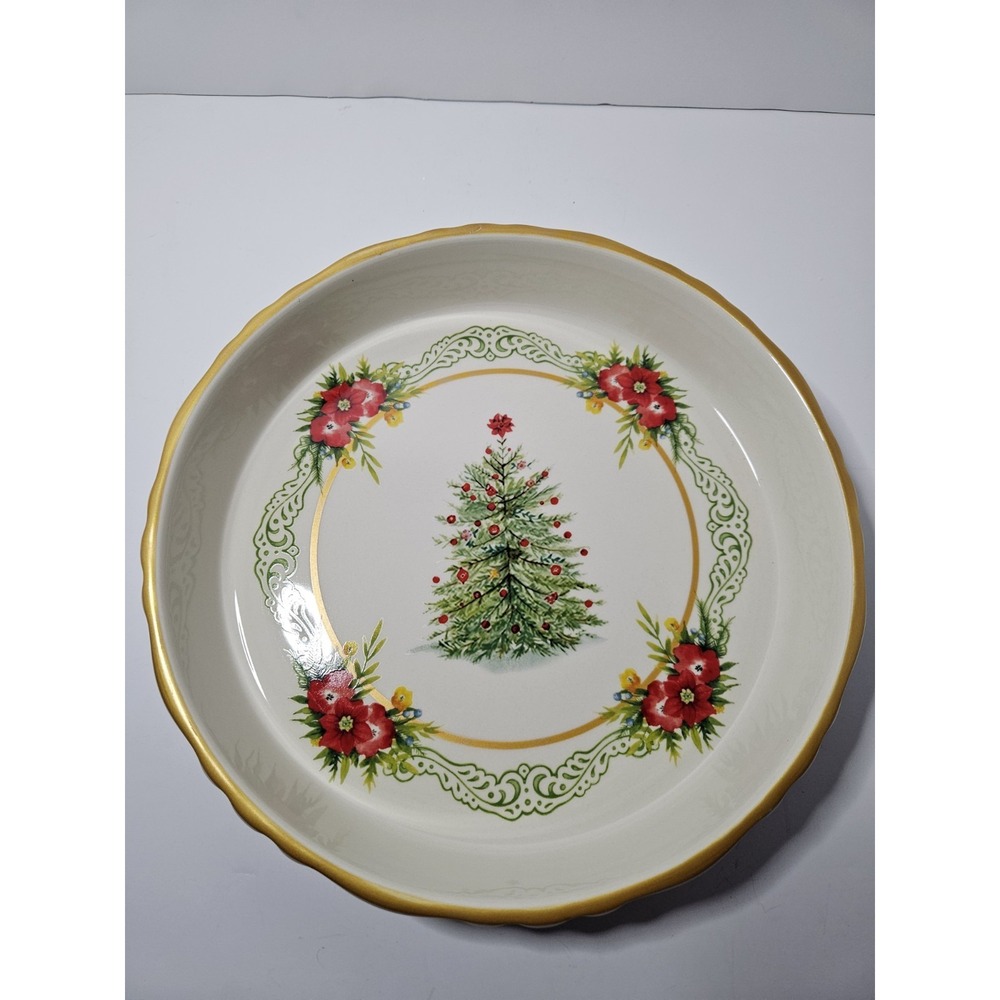 The Pioneer Woman Garland Christmas Tree Deep Dish Stoneware Pie Pan Ruffled Rim